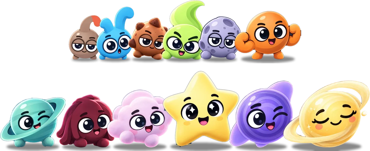 The twelve Humlets, smallest to largest: Dusty, Pip, Chip, Zoom, Luna, Rollo, Ringer, Bigsby, Nebby, Twinkle, Blink and Grandma Galaxy.