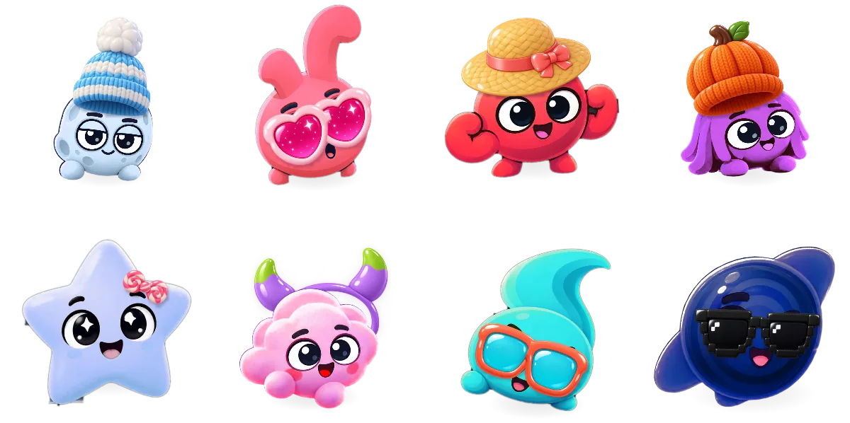 Eight Humlets in eight looks: a winter beanie, heart sunglasses, a summer straw hat, a knitted pumpkin hat, a candy bow, monster horns, a dive mask and pixel shades.